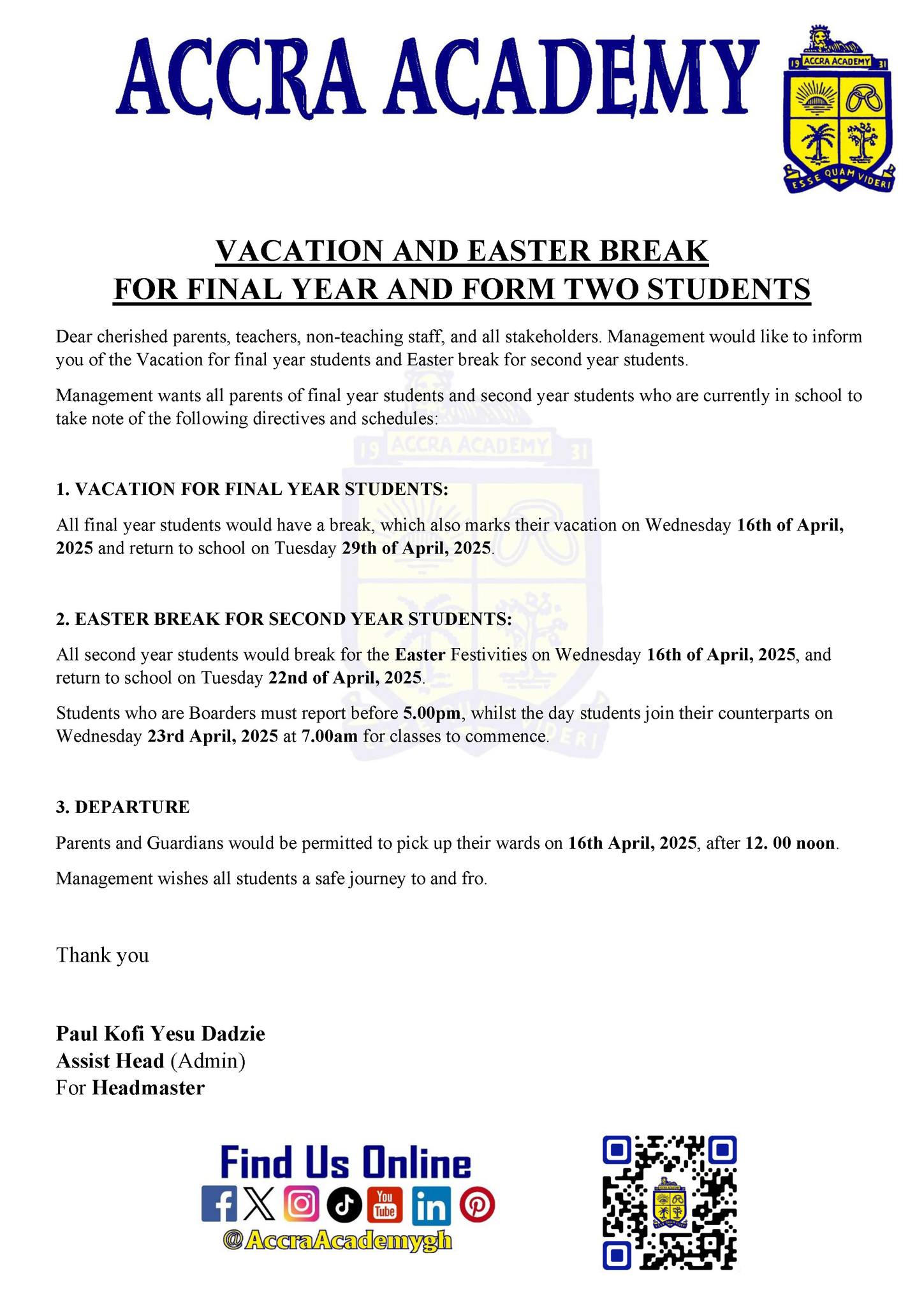 Accra Academy announces vacation & Easter break for Form 2 & Final year students