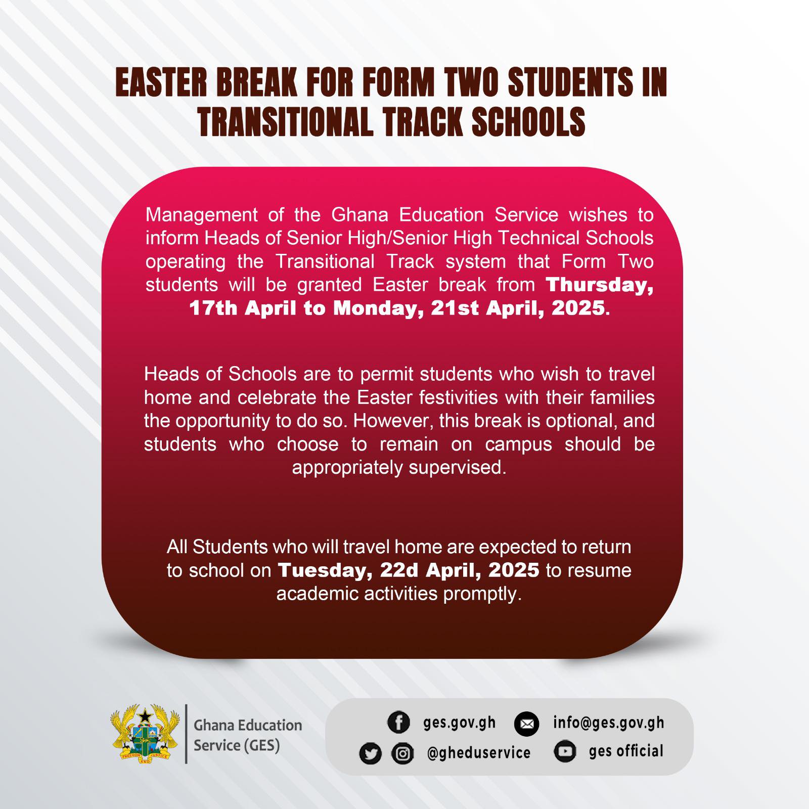 GES announces Easter break for Double-Track Students