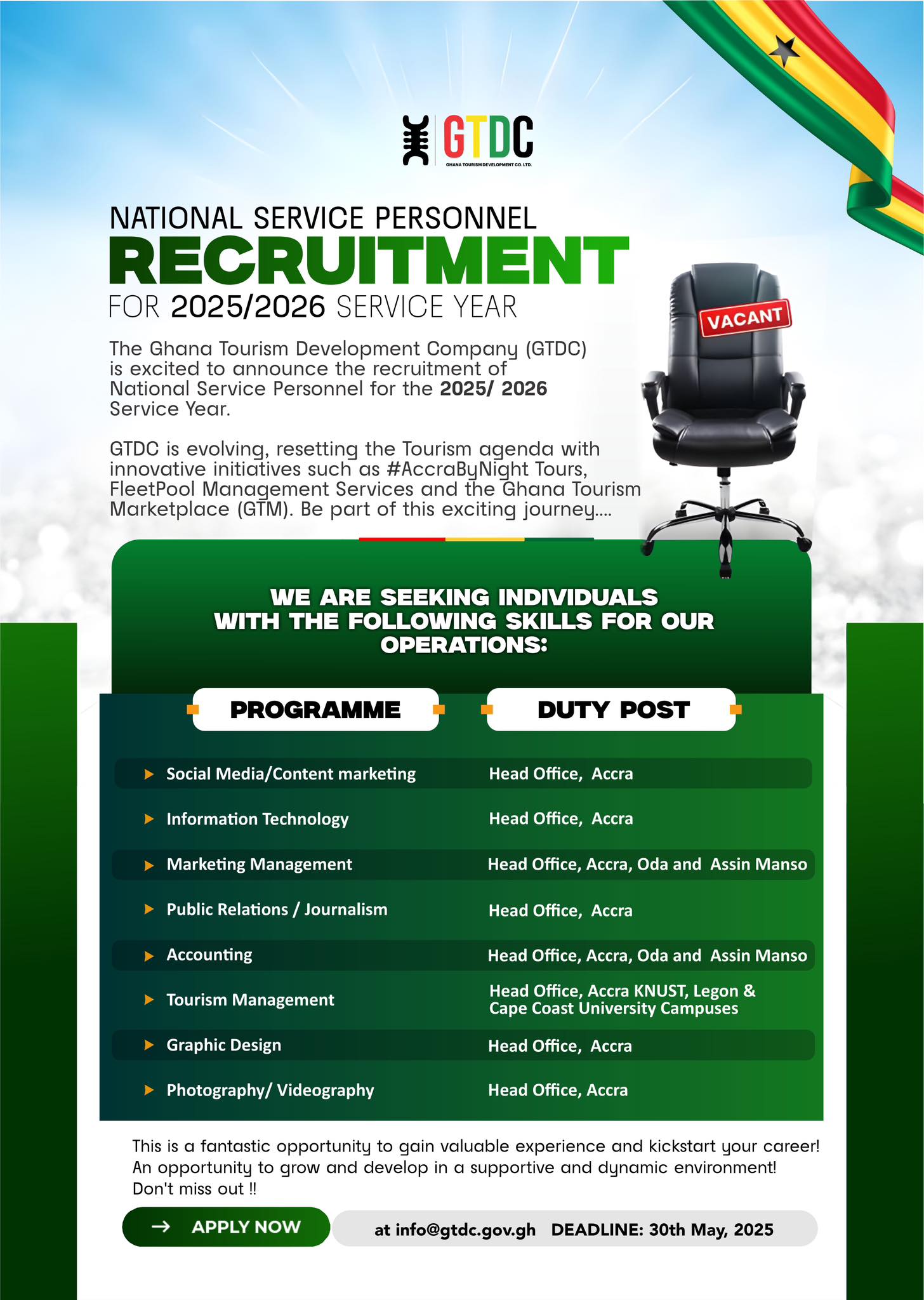 Ghana Tourism Development Company announces recruitment for 2025/2026 Service year