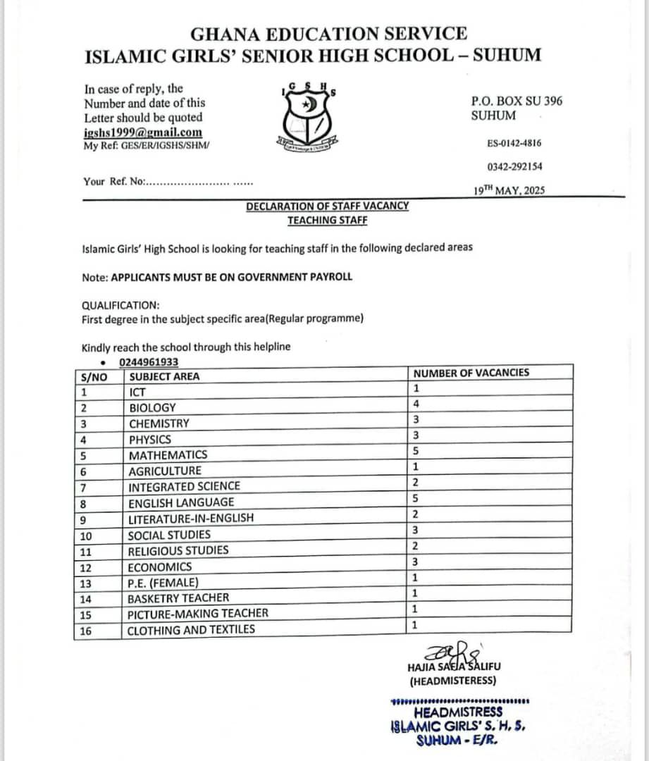 Islamic Girls' SHS, Suhum, declares vacancy for teaching staff