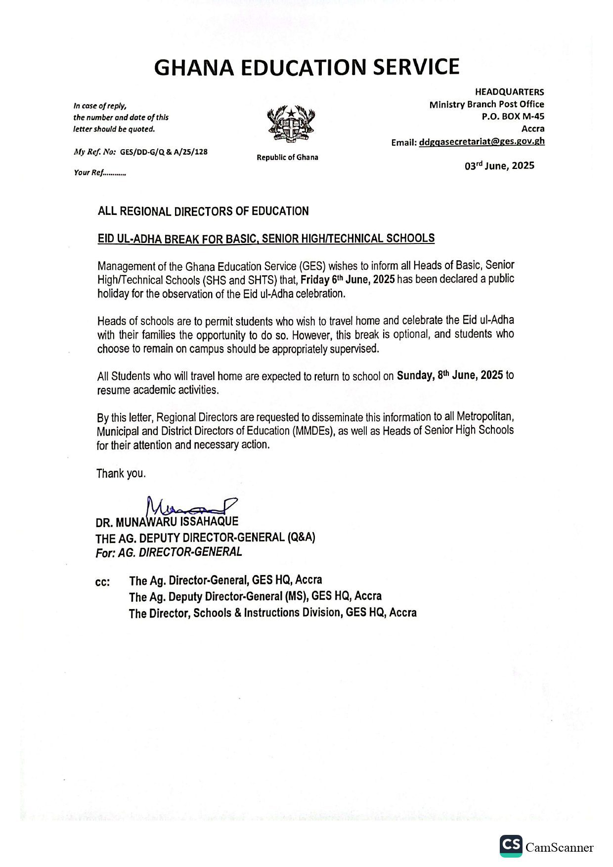 GES announces break for all Basic, Senior High_Technical schools in Ghana