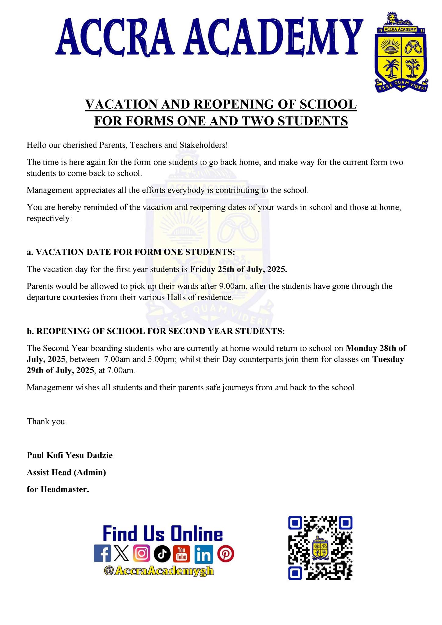 Accra Academy discloses vacation & reopening dates for forms 1 and 2 students