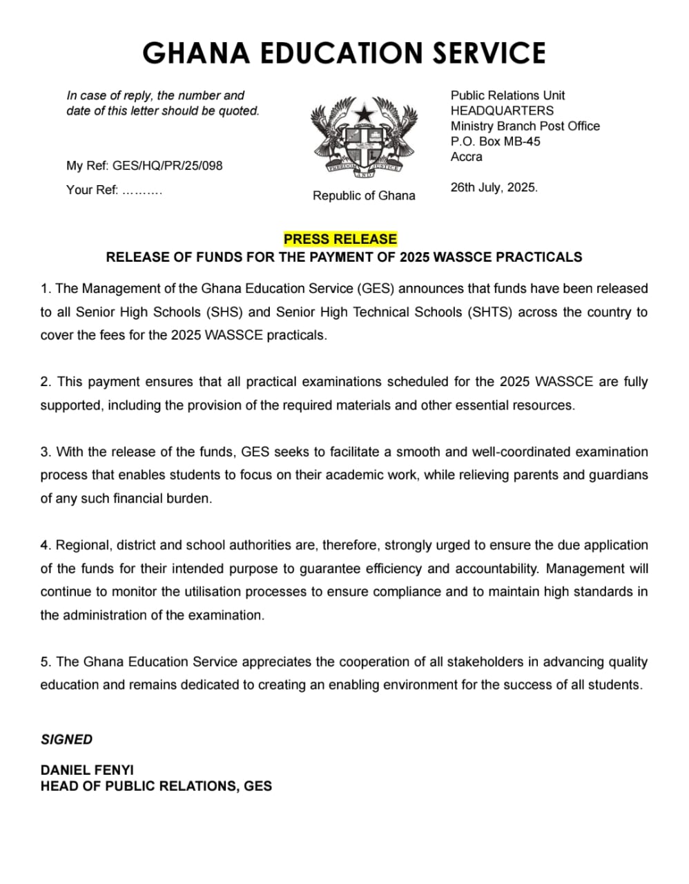 GES releases funds for the payment of 2025 WASSCE practicals