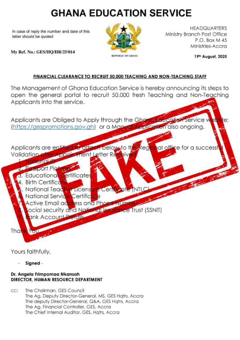 GES official update about financial clearance for 2025 teaching & non-teaching staff recruitment