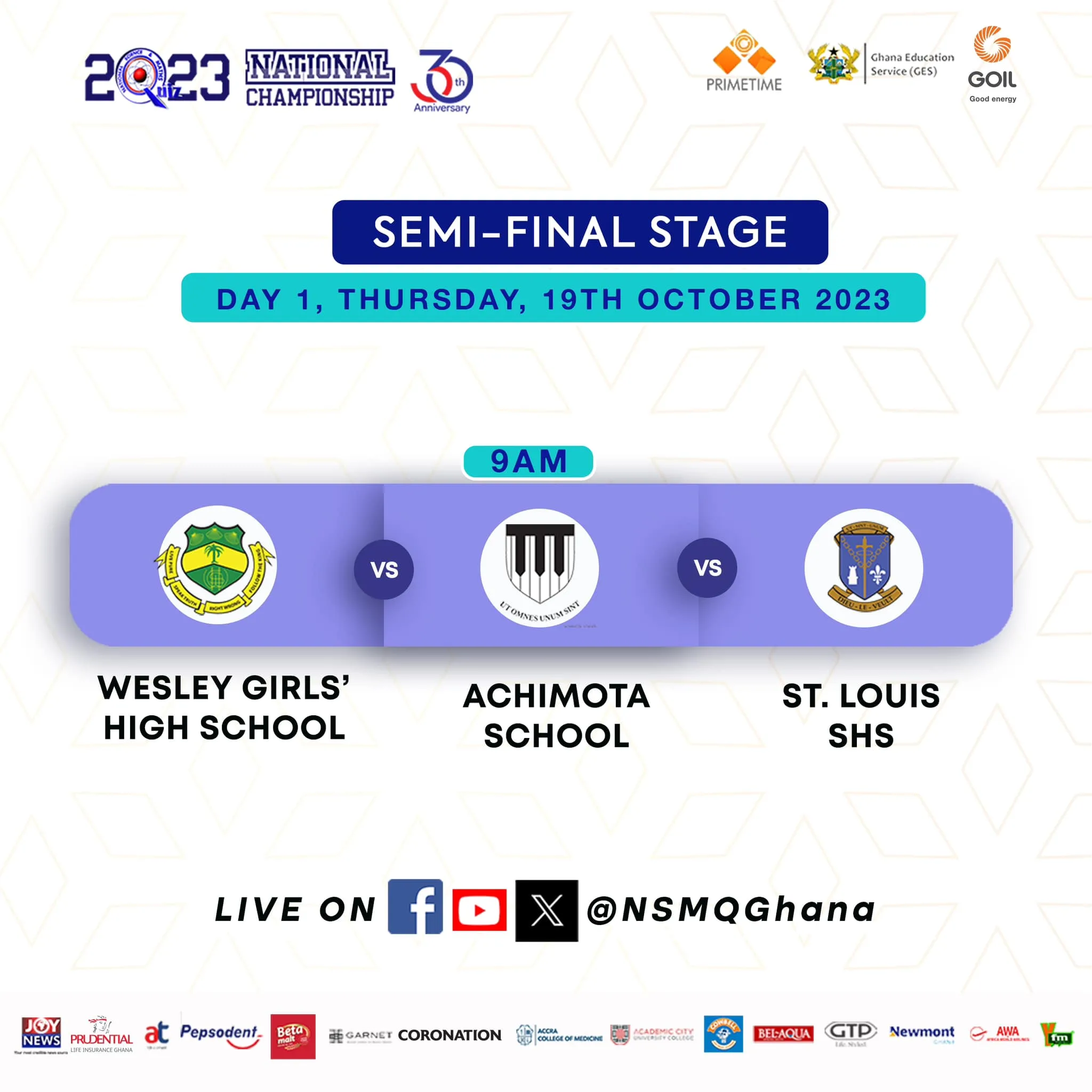 NSMQ 2023 Semi Finals Schedule, Venue, Time, Date & Participating Schools - Day 1