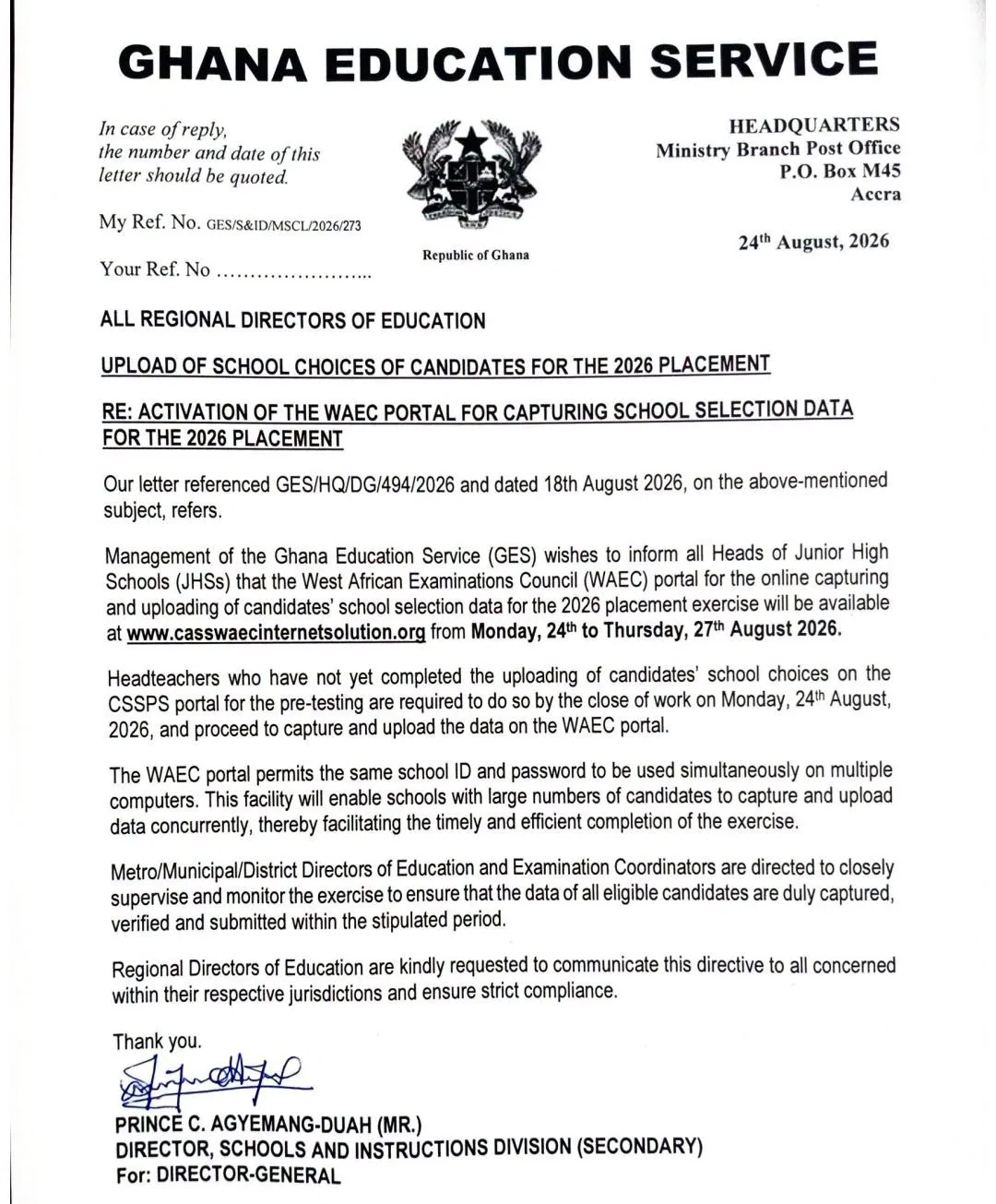 WAEC School Selection Portal 2026
