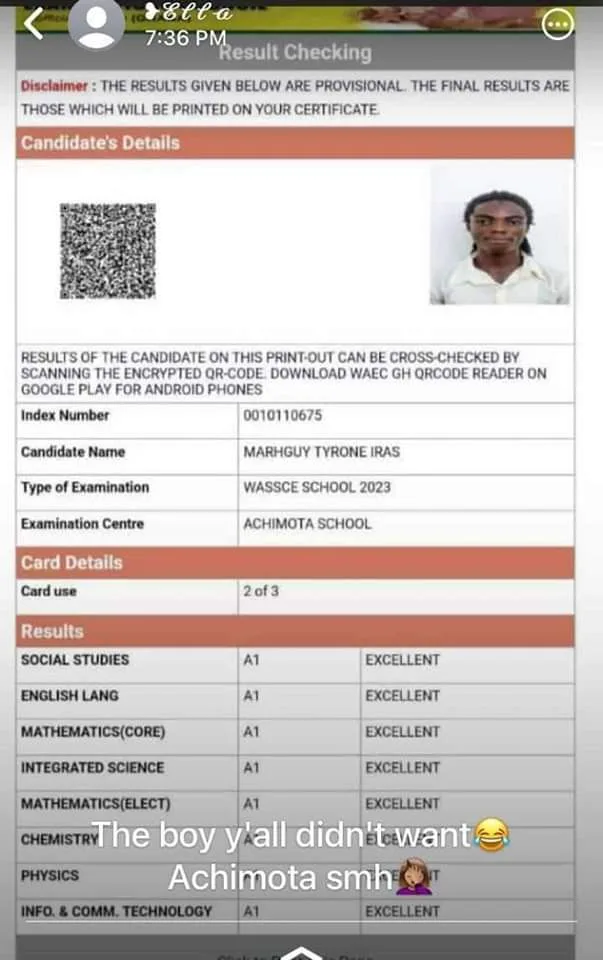 Tyrone Iras WASSCE results