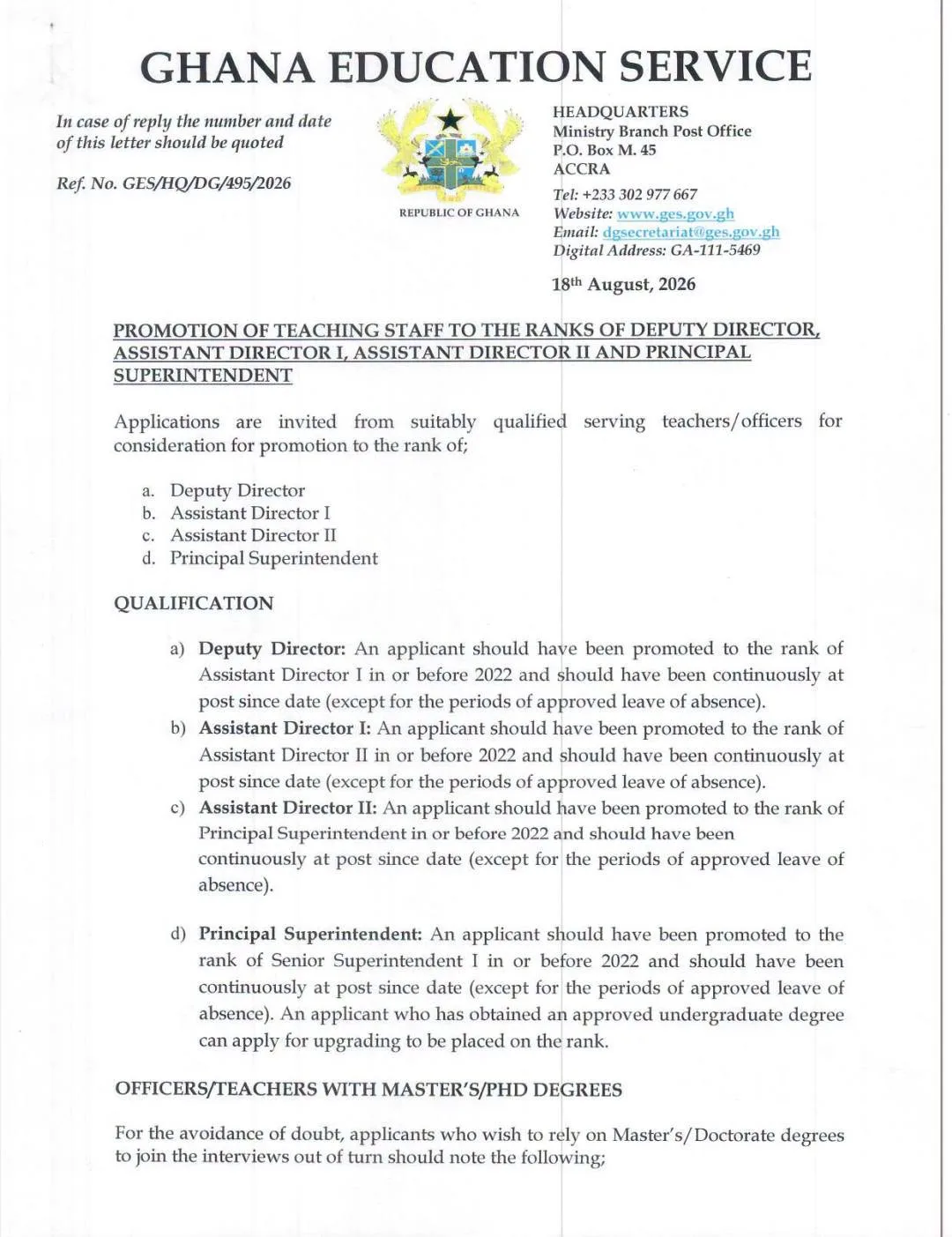 GES Teaching Staff Promotion Application Portal 2026 - Page 1