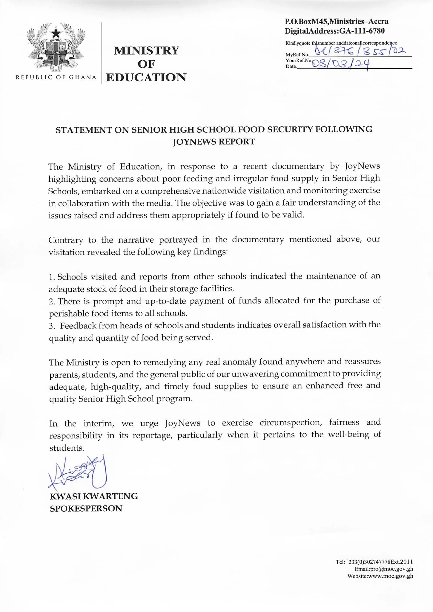 Ministry of Education reacts to JoyNews’ ‘Empty Plates’ documentary