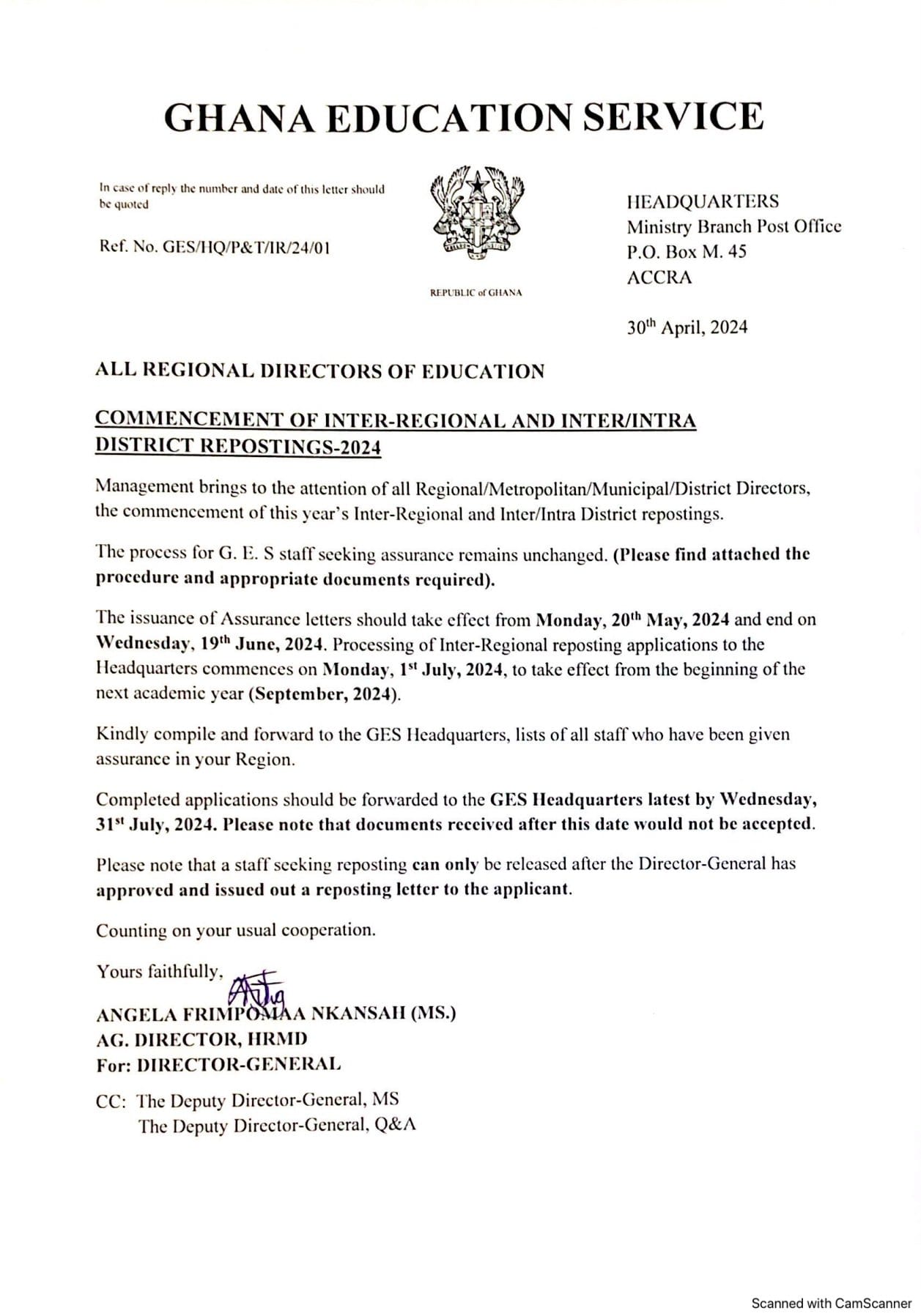 GES commences 2024 Inter-Regional & Inter/Intra District reposting