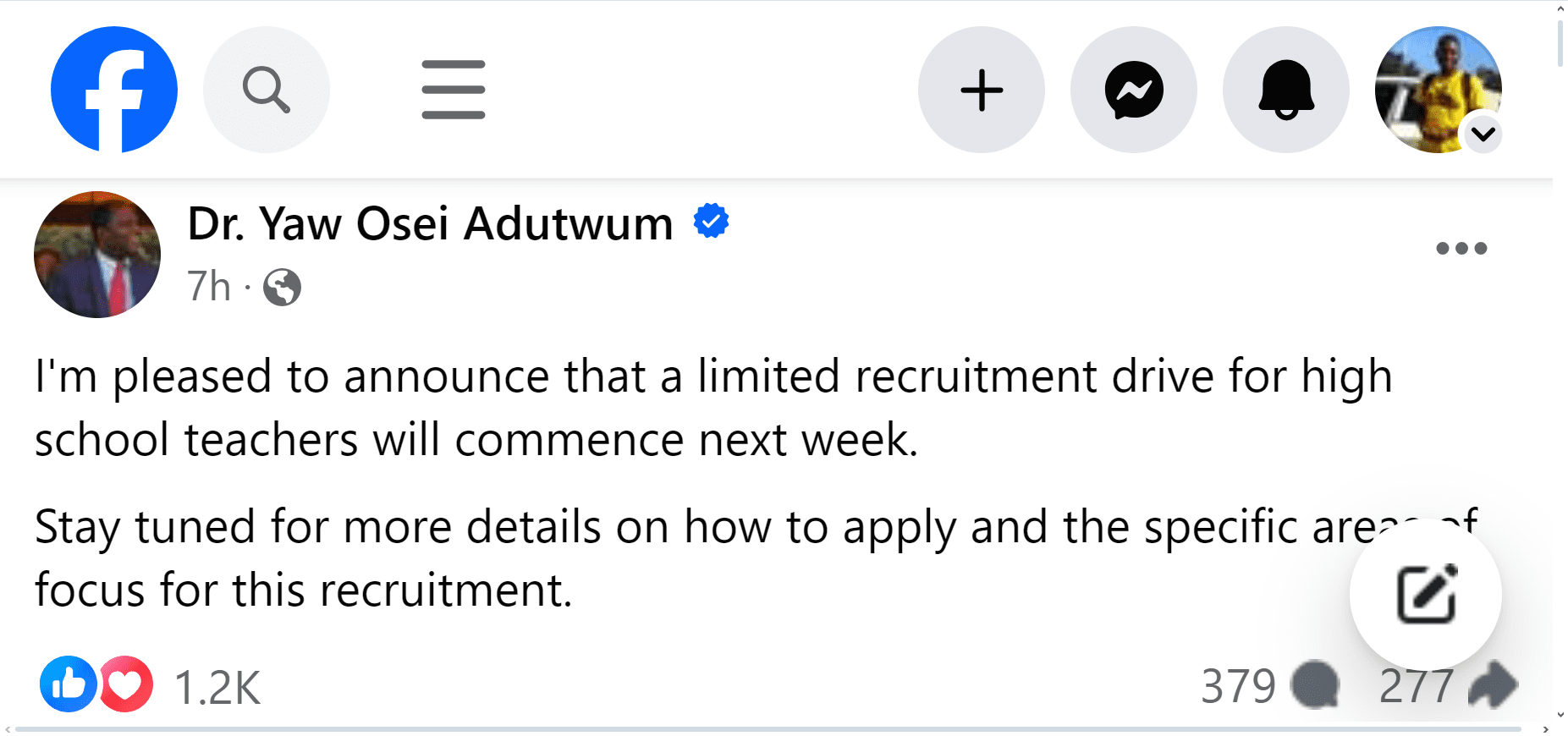 Recruitment Post by Dr. Adutwum
