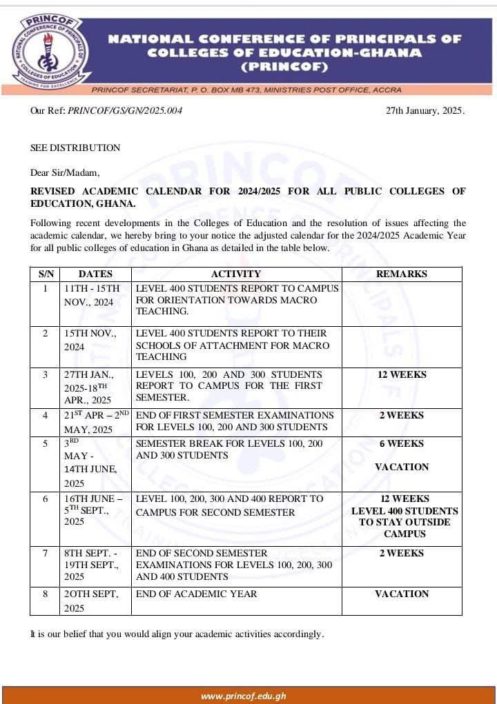 Revised 2024_25 academic calendar for all public College of Education in Ghana