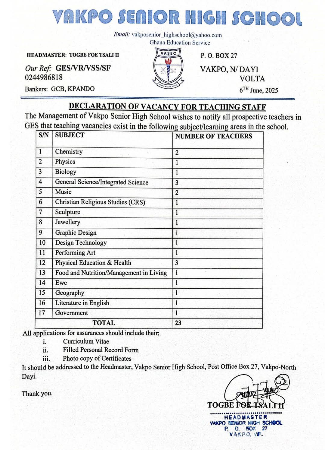 Vakpo Senior High School declares vacancy for these graduate teachers