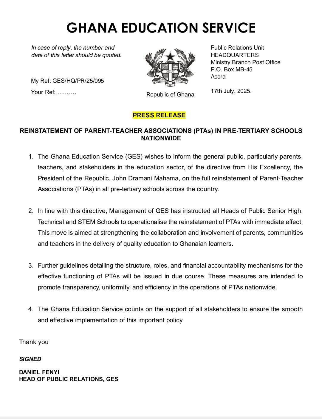 GES Restores Parent-Teacher Associations (PTAs) in all Senior High, Technical and STEM Schools