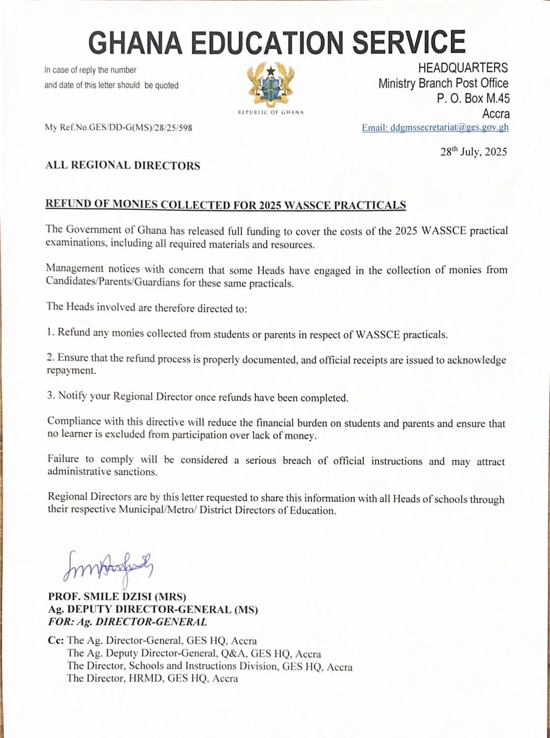 GES directs all Heads of SHS to refund monies collected for 2025 WASSCE Practicals