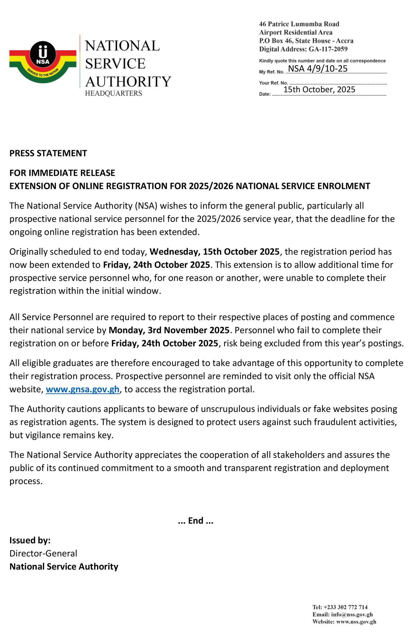 NSS extends 2025/2026 online enrolment registration