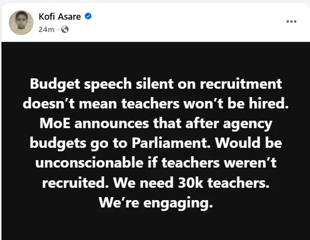 Kofi Asare's Facebook Post On 2026 GES Recruitment