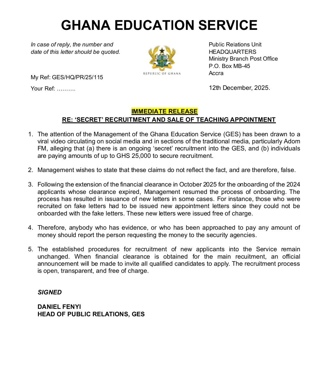 Diploma, Graduate & 'ongoing secret' GES recruitment update