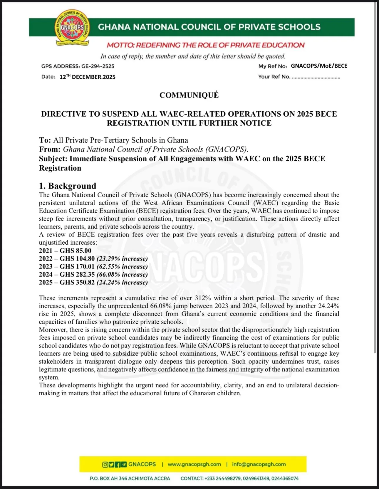 GNACOPS Directs all Private Schools to suspend operations with WAEC - Page 1