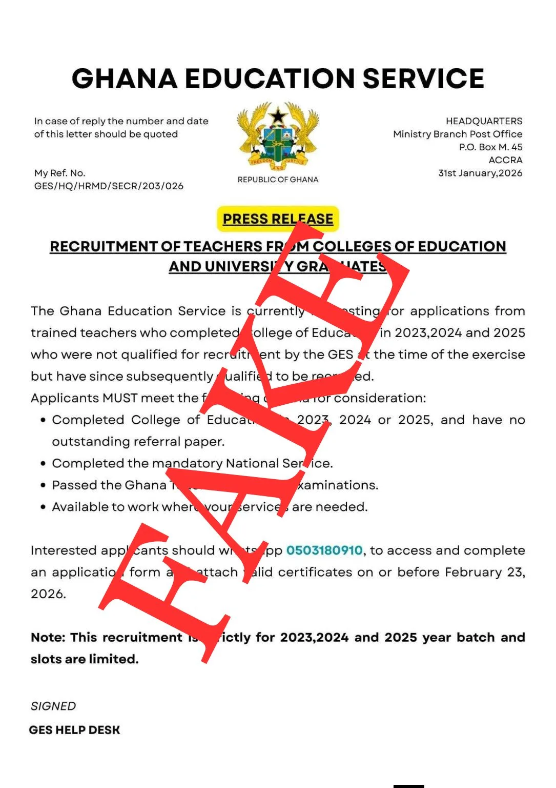 Fake 2026 GES Recruitment of CoE & University Graduate Teachers
