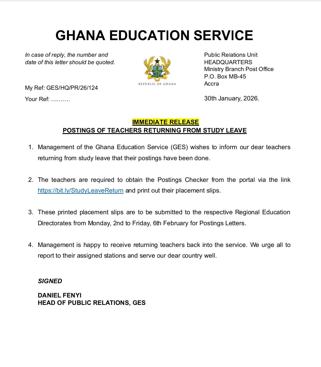 GES Posting For Teachers From Study Leave With Pay 2026