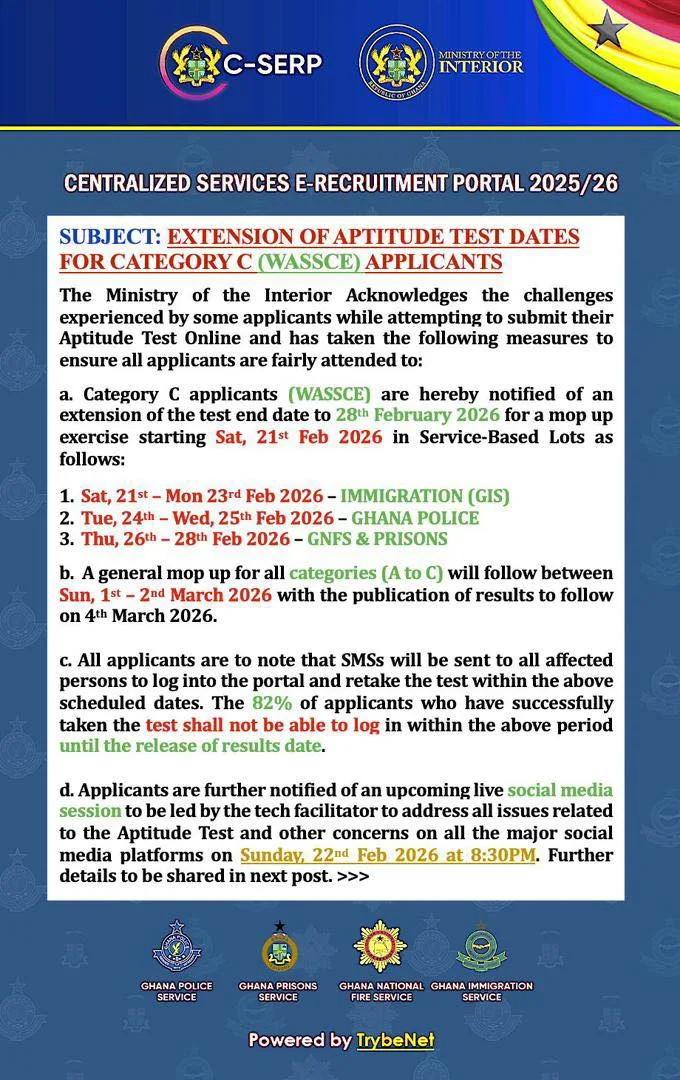 Security Services Recruitment Extension Of Aptitude Test Dates For Category C (WASSCE) Applicants