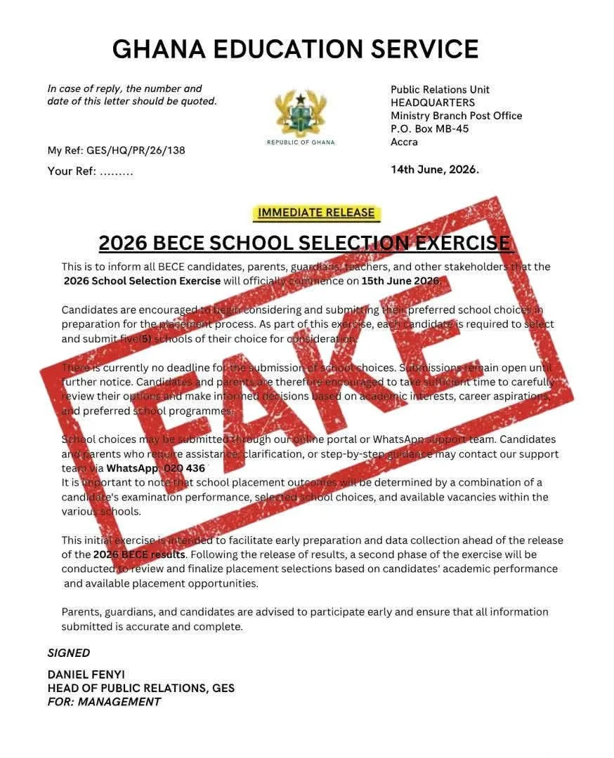 Fake 2026 BECE School Selection Exercise
