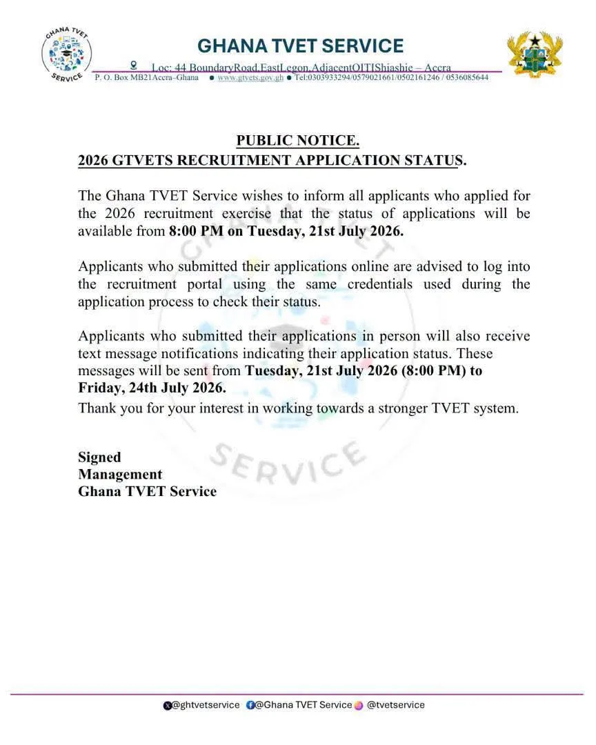 2026 Ghana TVET Services Recruitment Application Status