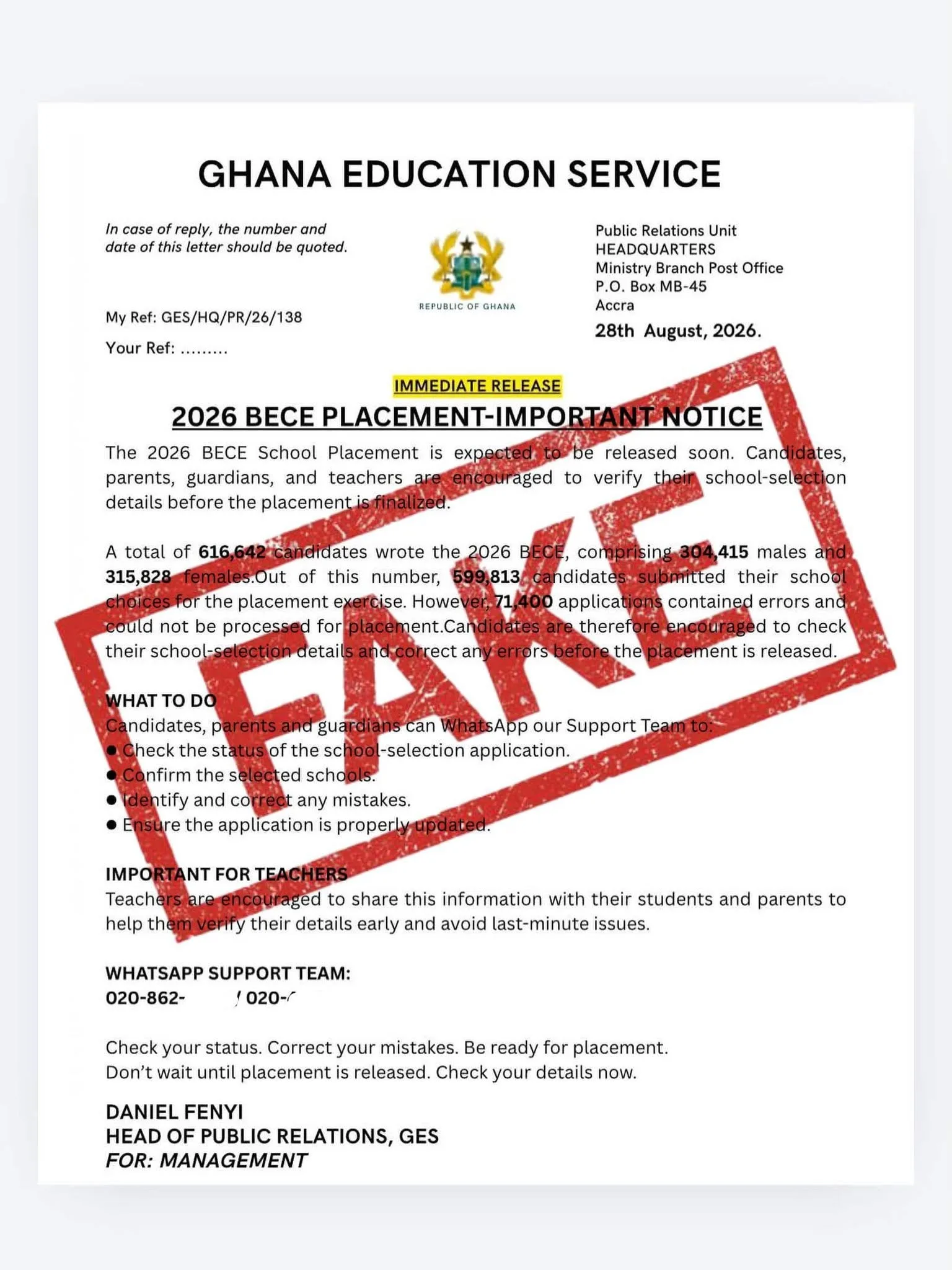 Fake 2026 BECE Placement Results