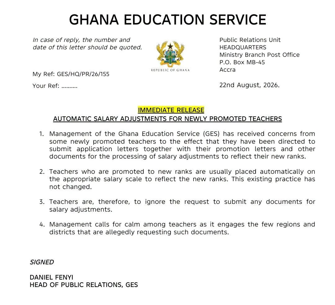 GES Automatic Salary Adjustment For Newly Promoted Teachers