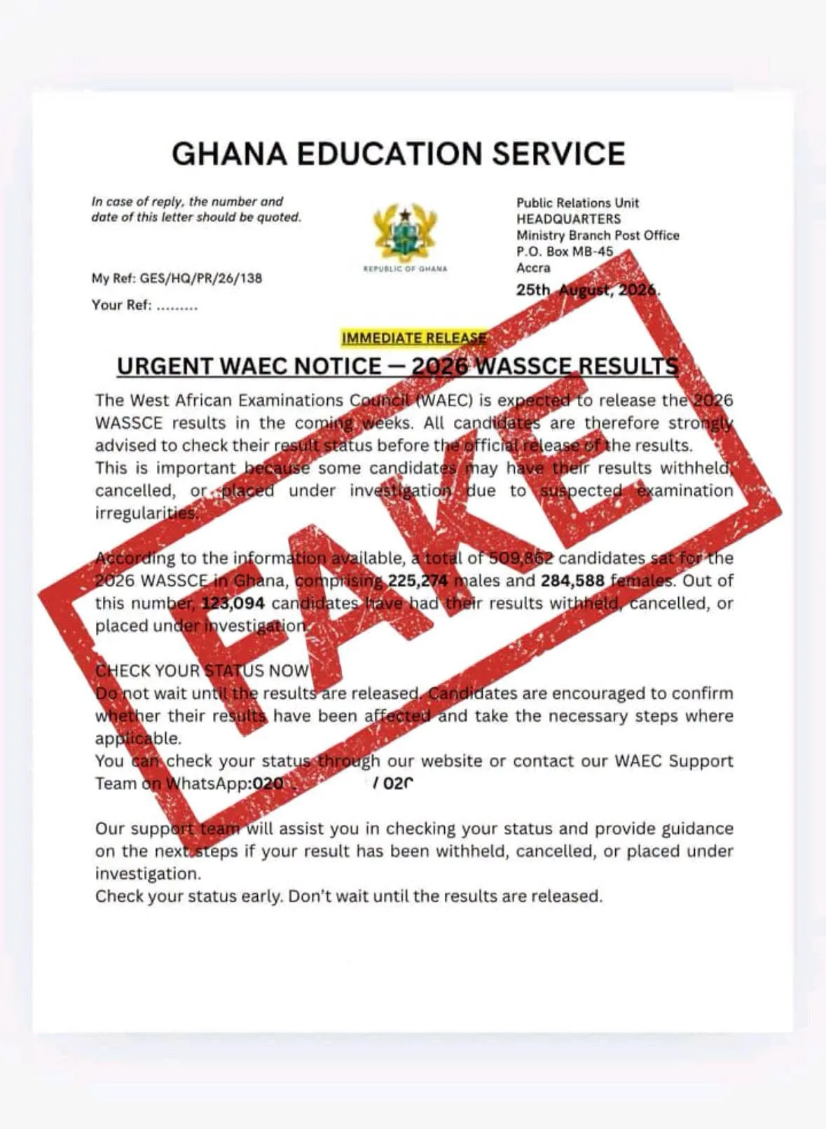 GES Releases Official Notice On 2026 WASSCE Results