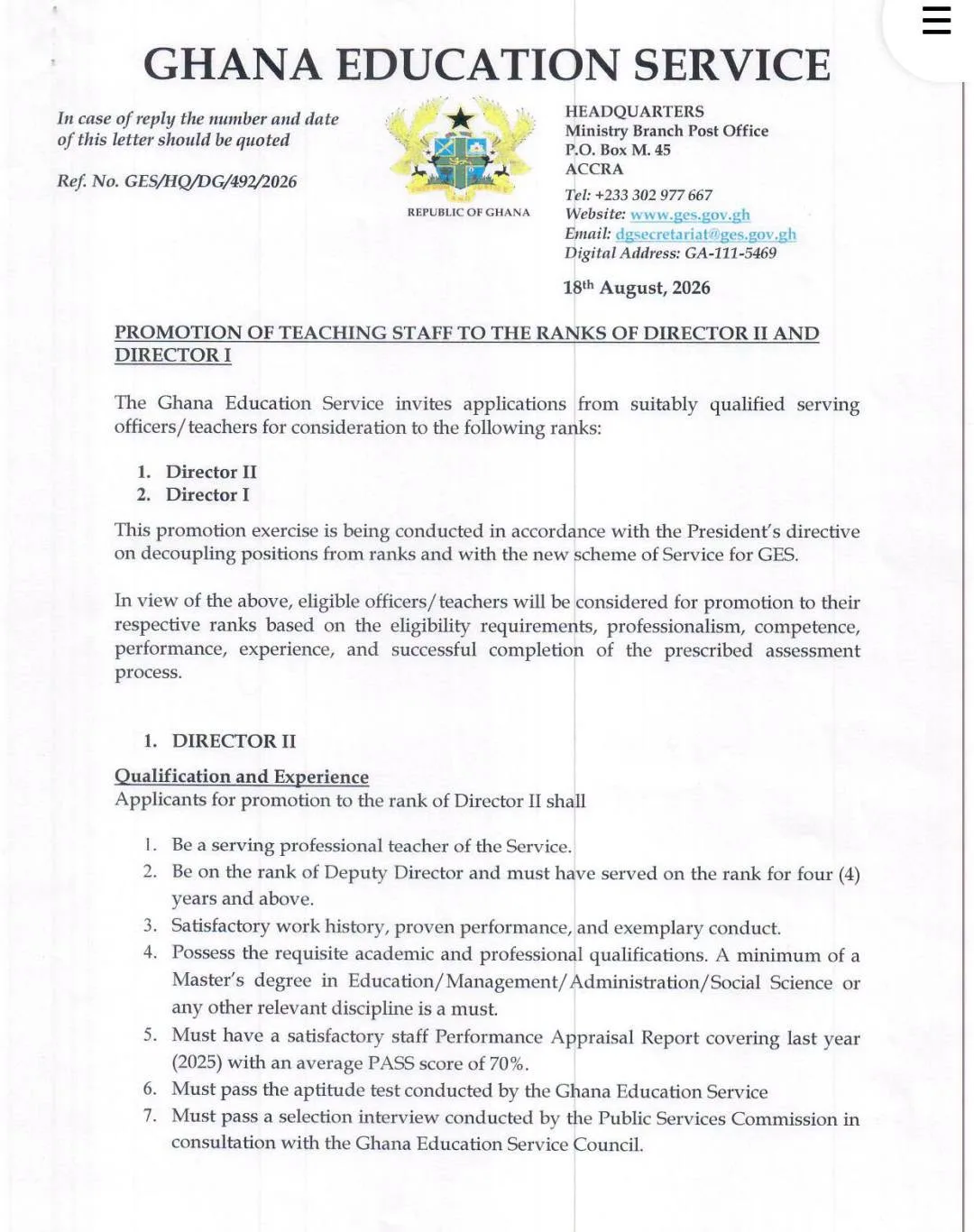 GES Teaching Staff Director II & Director I Promotion Application - Page 1