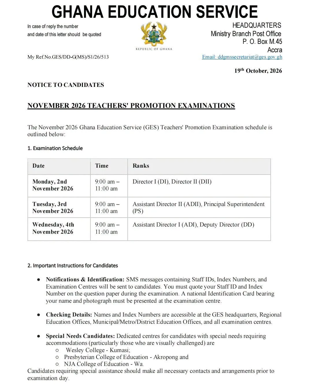 2026 GES Promotion Exam Centres & Index Numbers - Page 1